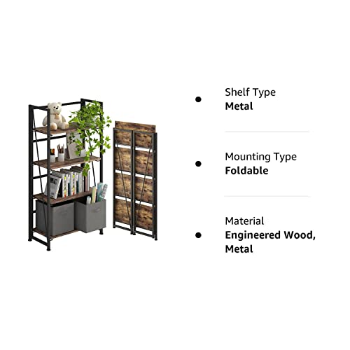 4Nm No-Assembly Folding Bookshelf Storage Shelves 4 Tiers Vintage Bookcase Standing Racks Study Organizer Home Office (Rustic Brown And Black) #TOP5