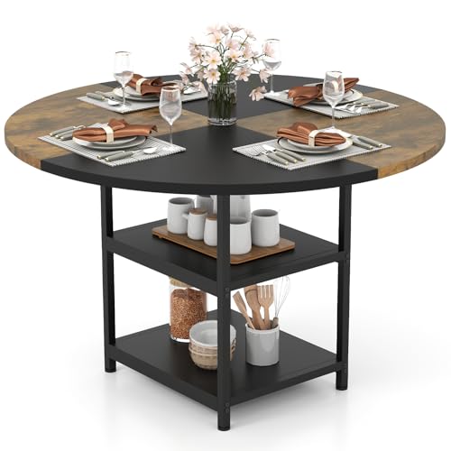 COSTWAY Dining Table for 4-6 People, Round Wooden Kitchen Tables with Storage Shelves, Metal Base & Adjustable Foot Pads, Circle Dinner Table for Home Dining Room (with Splice Board, 2 Shelves, 120cm)