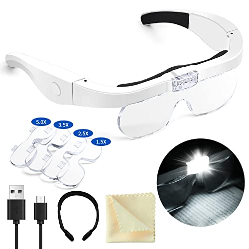 NZQXJXZ Lupa de Cabeza con Luz y Lentes Intercambiables para Trabajos de Cerca, lupas de joyero, Manualidades, Pasatiempos - 1.5X 2.5X 3.5X 5X (Blanco).