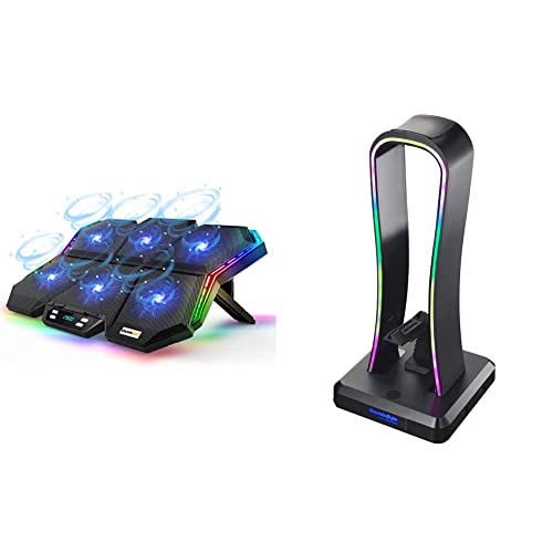 Image of Cosmic Byte Meteoroid RGB Laptop Cooling Pad with 6 Fan Upto 17 inch laptops (Black /Blue) & Vulcan RGB Headphone Stand, Mouse Bungee and 4 Port USB 2.0 HUB with RGB Touch Control Button (Black)