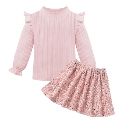 Weixinbuy 18-24 Months Baby Girl Fall Winter Clothes Outfit Solid Long Sleeve Top Pleated Sequin Skirts Toddler Party Outfit Pink