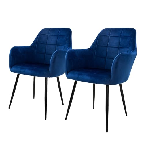 ECD Germany 2X Sillas de Comedor Ergonómicas Asiento Tapizado Azul Oscuro Aspecto Terciopelo Patas de Metal Negro con Respaldo y Reposabrazos Sillón Moderno para Mesa de Salón Oficina Dormitorio