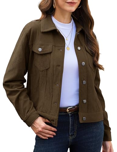 YUCOLEN Womens Corduroy Jacket Casual Collar Button Down Coats Fall Long Sleeve Outwear Jackets with Pockets Coffee L