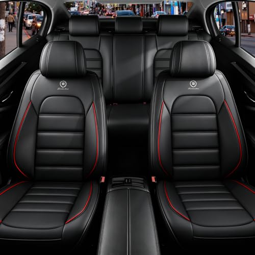 Image of Full Set Car Seat Covers for Jeep Compass 2007-2026, Waterproof Stain-Resistant Seat Cover, Premium Nappa Leather Seat Protectors with Storage Pockets(Standard 5 Seats /Black&Red)