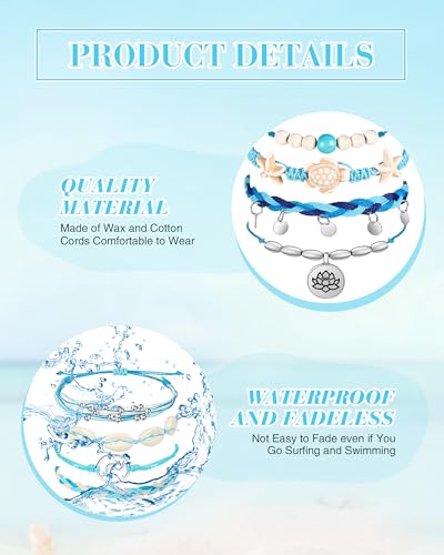 Image of Hicarer 21 PC Surfer Wave Friendship Bracelet Set Waterproof Adjustable Boho Beach String Anklets Bulk, Summer Gift for Women
