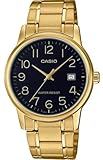 Casio Orologio da polso da uomo al quarzo classico cinturino in acciaio inox oro cassa in ottone display analogico nero - MTP-V002G-1B