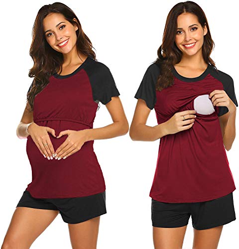 Image of Ekouaer Women's Maternity Cotton Shorts Nursing Pjs for Breastfeeding Nightshirt Sleepwear(Black Wine Red L)