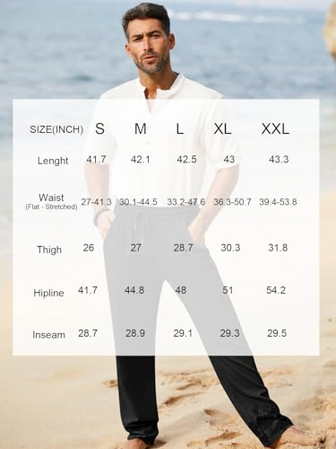 Image of iWoo Linen Pants Men Casual 2025 Summer Beach Elastic Drawstring Waist Yoga Pants Travel Baggy Work Pant Pajama