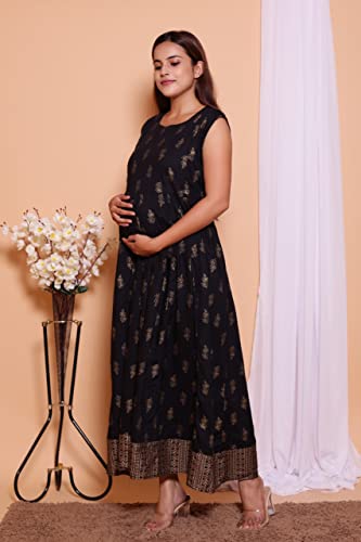 Image of Rayon Printed Maternity Wear Gown Having Conceled Zip for Feeding with Jacket