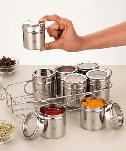 Image of Mishaa Steel Multipurpose Storage Containers - Perfect Organizer for Masala Spices, Herbs, Mouth Freshner, Dry Fruits, 130ml Each Airtight Containers with See-Through Lid (8IN1 RECTANGLE WIRESTAND)