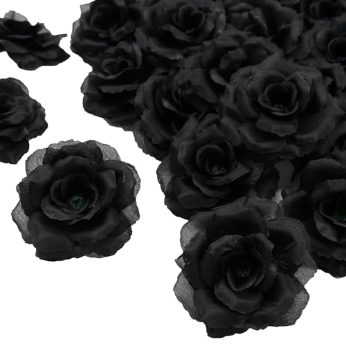 20 Pcs Black Rose Head Flowers Without Stem, Artificial Flowers Head for DIY Decoration, 3 Inch Silk Rose Fake Flower for Wedding Party Home Decor Baby Shower Centerpieces Table Decoration