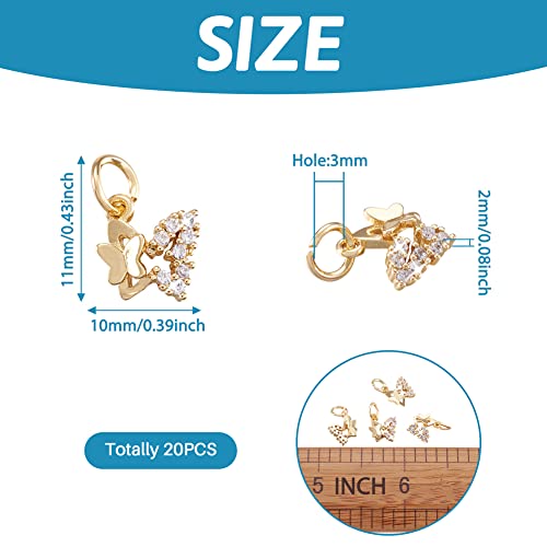 Fashewelry 20Pcs Cubic Zirconia Double Butterfly Charms Small 18K Gold Plated Brass Micro Pave Cz Rhinestone Pendants Hollow Mini Hanging Dangle End Charms With Jump Rings Loop For Jewelry Making 11X10Mm #TOP3