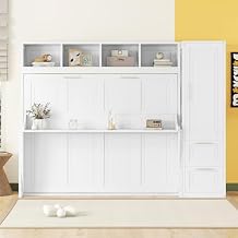 Queen Size Murphy Bed Wall Bed with Closet and Drawers, Foldable Platform Bed Folded into Cabinet, Muti-Functional Designed for Home Office White/L1, Queen