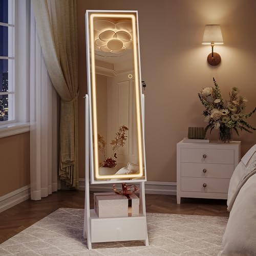 Hzuaneri Jewelry Cabinet Armoire with Led Mirror, Full Length Mirror Storage, Lockable Standing...