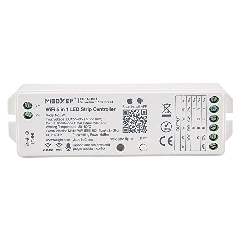 lighteu®, Milight Miboxer 5in1 WiFi LED Strip Controller, Amazon Alexa and Google Home Voice Control Remote and APP Control, no WiFi-Box Needed Compatible with 5 Different Output Mode, DC12-24V, WL5
