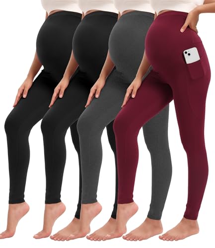 Siimcuzy 4 Pack Women’s Maternity Leggings with Pockets Over The Belly Pregnancy Workout Yoga...