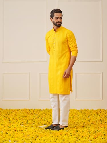 Jompers Men's Yellow Sequins Chikankari Embroidered Kurta With Pyjama (Yellow, S)