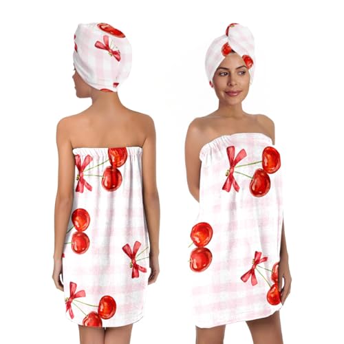Cherry Bath Wrap with Hair Drying Turban, Pink Plaid Microfiber Shower Skirt Set, Quick Dry Spa Wrap Towel for Women Girls Dorm Home (Cherry 4)