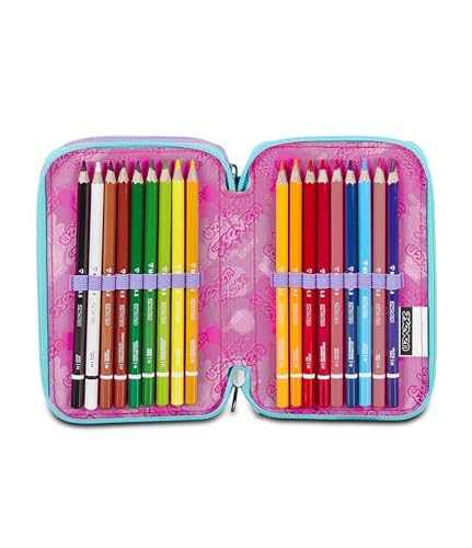 Seven Astuccio Scuola 3 Zip, Viola Verde Acqua, Crystal Purple, Portapenne Triplo Scomparto Completo Di Penne, Matite, Colori, Accessori Zaino, Elementari, Medie, Bambina - 5
