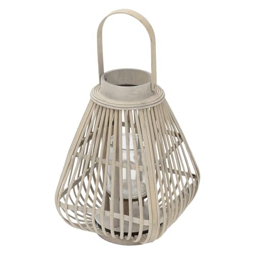 ECD Germany Bamboe Lantaarn 42,5 cm Groot, Houtkleur, Windlicht met Glas en Handvat, Boho Tuinlantaarn, Kaarsenhouder Gevlochten Look, Binnen en Buiten, Balkon Terras Woonkamer Tuin Decoratie Set