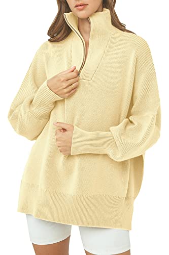 Imily Bela Womens Tunic Sweater Fall Long Sleeve 1/4 Zip Pullover Sweaters Oversized Slouchy Ribbed Knit Sweatshirt With Slit Yellow #TOP1