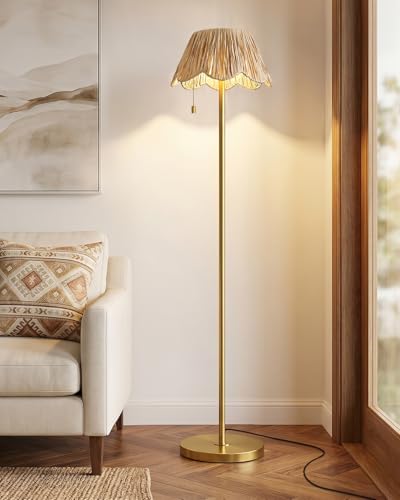 OYEARS 65 Boho Floor Lamps for Living Room Rattan Floor Lamp Pull Chain Switch Gold Standing Lamp with Hand-Woven Shade Farmhouse Tall Lamps for Nursery Metal Base&Pole Bulb not Included Gold