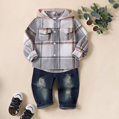 Image of Toddler Baby Boy Fall Winter Clothes Long Sleeve Plaid Hooded Sweatshirt Ripped Holes Jeans Set 1-5 Years Old
