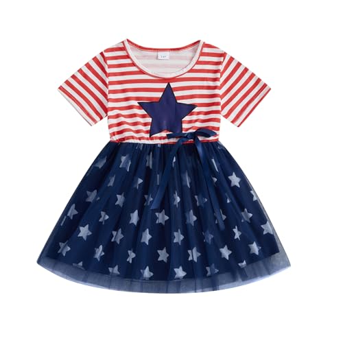 Sasaerucure 4th of July Outfit Clothes Toddler Baby Girl Star Striped Short Sleeve Mesh Dress Patriotic Dresses for Girls (Blue, 2-3 Years)
