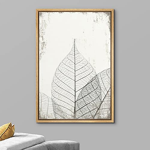 Wall26 Framed Canvas Print Wall Art Transparent Black & White Leaf Trio On Grunge Background Floral Nature Illustrations Modern Art Rustic Dramatic For Living Room, Bedroom, Office - 24"X36" Natural #TOP2