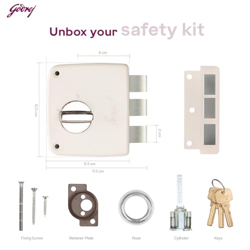 Image of Godrej Rim Lock I Tribolt Compact 1CK Door Lock | Triple Bolt Lock for Wooden Door | 3 Reversible Keys | Puller Ring Anti-Lockout |21mm Latchbolt 60mm Backset I 5 Year Warranty | Cool Ivory