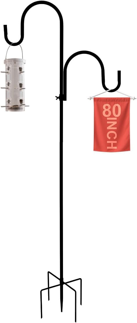 Bird Feeder Pole, 80" Tall Heave Duty Pole with Double Shepherd Hook 5 Prongs Base for Outdoor Hummingbird Feeders (No Bird Feeder)