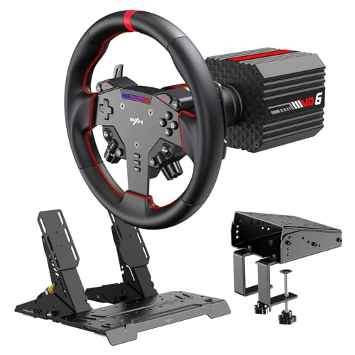 PXN VD6 Direct Drive Racing Wheel Bundle – 6 Nm Servo Motor Base with Quick Release, W AS Gaming Steering Wheel (28 cm), PD HM 2-Pedal, Z9 Clamp, PC Tuning Software Support – For Windows PC