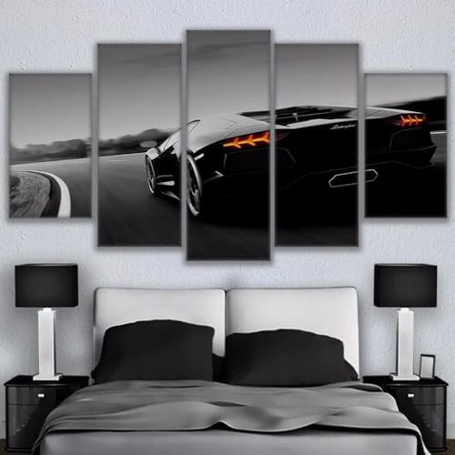 Tableau Salon 5 Parties pour Grand Mur Blanc Impression Toile Voiture Noire 200x100