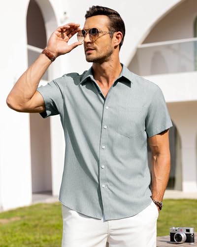Image of Alimens & Gentle Mens Linen Shirts Short Sleeve Button Down Shirts Wrinkle Free Casual Vacation Beach Summer Tops