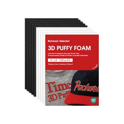 Poolin 3D Embroidery Puffy Foam Richword Selected 6x8 - 3MM Thick - 10PCS (5 Black + 5 White) - Perfect for Caps Hats Jackets and Custom Logos