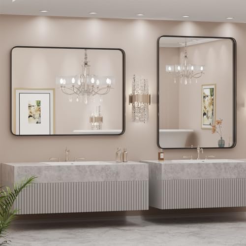 Sweetcrispy Bathroom Mirror 40x30 Inch Black Metal Framed Rounded Rectangle Vanity Mirror for Wall...
