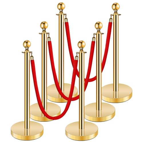 XPCARE 6 Pack Stainless Steel Stanchion Post,with 5Ft Velvet Red Rope and Stanchions, Hollow Base and Velvet Ropes Safety Barriers Set, Suitable for Wedding,Hotels,Exhibitions(Gold）