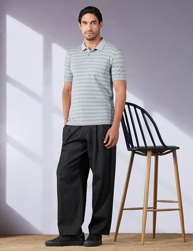Image of Peter England Men's Cotton-Polyester Blend Striped Polo T-Shirt | Casual Wear | Durable & Trendy