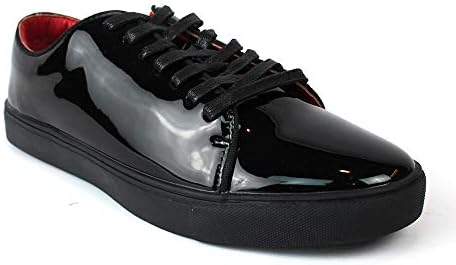 Men's Black Patent Leather Tuxedo Sneakers Red Insole Slip On/Laces (Lace Up 441, Numeric_7_Point_5) | Image 2