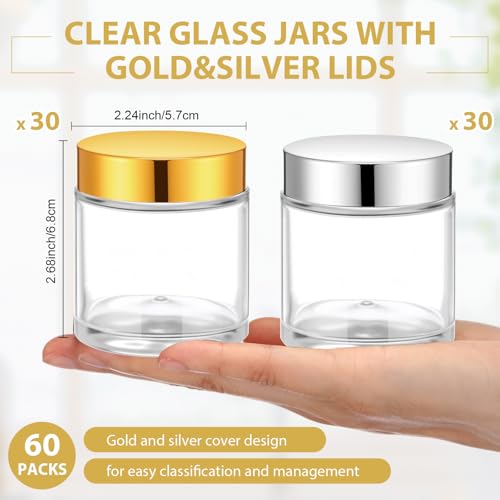 Meanplan 60 Pack 4 oz Glass Jars with Lids Bulk Small Sample Candle Cosmetic Jars with Inner Liners for Travel Empty Salve Tins Storage Container for Creams, Lotion, Candle Making, Food (Gold Silver)3