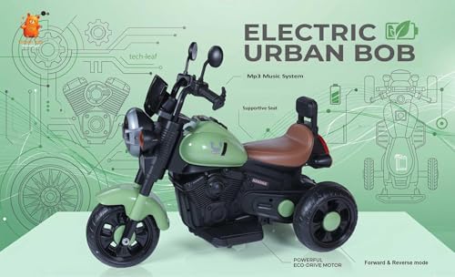 Image of Urban Tots 3-Wheel Electric Ride-On Bike for Kids | LED Lights, Music, USB & Bluetooth | Rechargeable Toy Bike | Age 3+ Years (Urban Bob, Green)