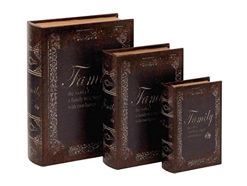 Deco 79 Wood Family Tree Leather Book Box, 13 by 11 by 8-Inch, Mahogany Brown, Set of 3