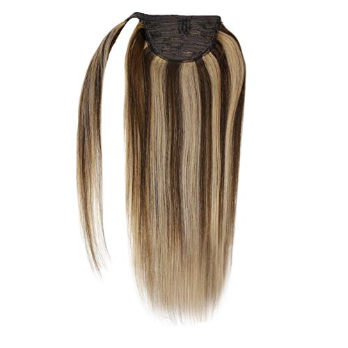 Wrap Around Ponytail Human Hair Extensions #4 Dark Brown and #27 Strawberry Blonde Clip on Ponytail Human Hair Extensions 12 Inch 70g