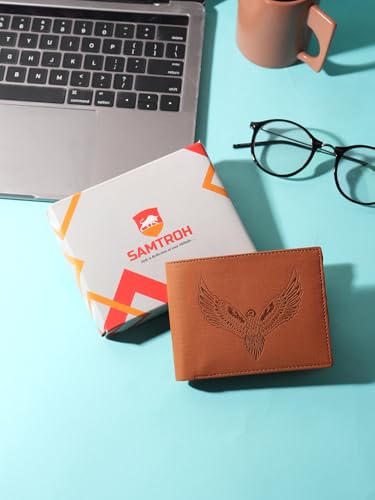 Image of SAMTROH Vegan Leather Wallet for Men | Vintage Printed | Premium Vegan Leather Craftsmanship | 3 Card Slots I 2 Cash Compartments & Secret Slots | 1 Coin Pocket. (Eagle, Tan)
