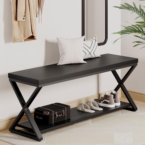 IBF Black Bench, Modern Entryway Bench for Bedroom, Wood Metal Storage Hallway Bench for Dining Living Room, Farmhouse Shoe Rack Indoor Accent Seating Bench for Foyer Entrance, Black Oak, 47 Inch Long - Thumbnail 3