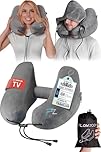 FLOWZOOM Air Inflatable Travel Pillow for Airplane & Car – H-Shape Flight Pillow with 5 Sleeping Positions, Quick Inflation, Adjustable Pressure, Detachable Hood, Soft Plush Cover – Size L, Grey