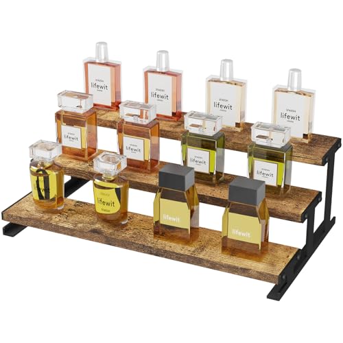 Lifewit 3-Tier Wooden Dispaly Riser with Metal Stand Step Cologne Stand Perfume Organizer Display Shelf for Fragrance Skincare Figurine Spice Use for Tabletop Cabinet 1 Set Rustic Brown