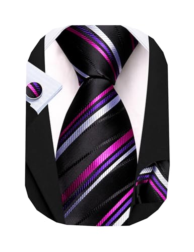 Image of Barry.Wang Man Stripe Ties Set Silk Woven Pocket Square Necktie Cufflinks Formal Party Business