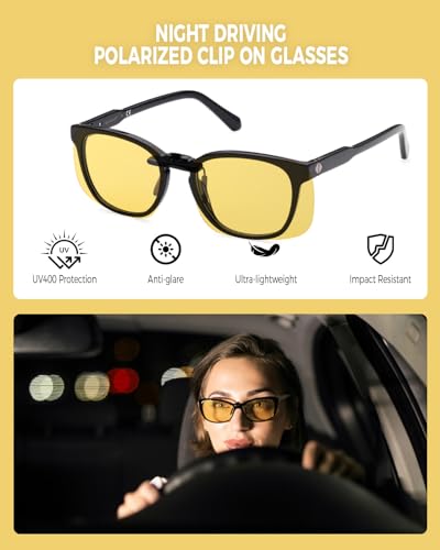 Image of Night Driving Glasses Clip On Night Vision Glasses HD Polarized Yellow Lens Compact Fit Non-Flip Up, Anti Glare