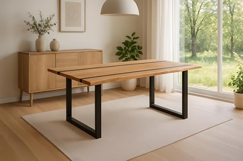 SAM Esstisch Pedro | 160 x 85 cm | Akazienholz massiv | Farbe: Natur | Resin/Epoxidharz-River in Schwarz | echte Baumkante | U-Gestell Metall Schwarz